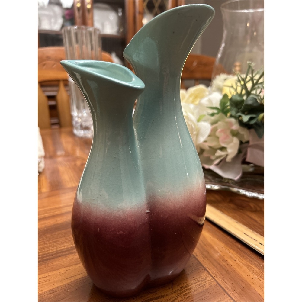 Mid Century Modern Cameron Clay Products Double Vase Turquoise Burgundy Ombre